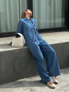 DAZY Women's Turndown Collar Tie-Up Loose Denim Jacket And Straight-Leg Jeans Casual Suit - Medium Wash - View 2