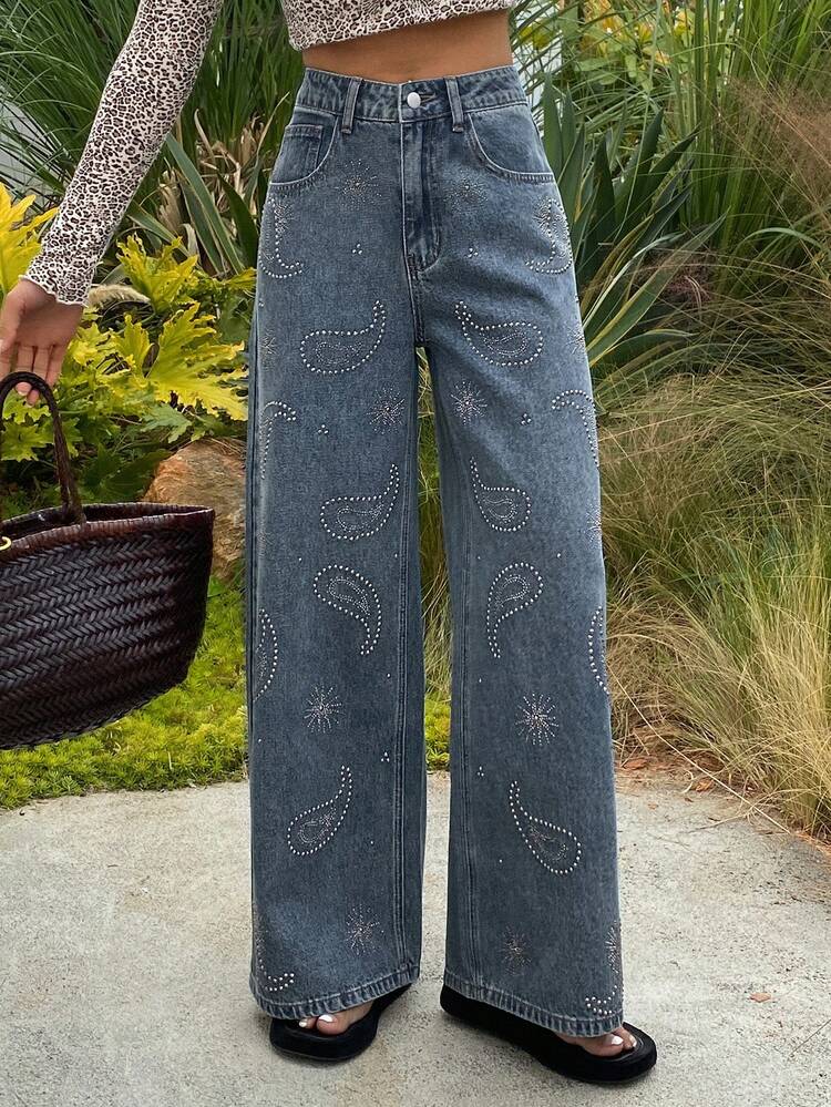 Women's Regular Waist Straight Leg Jeans With Cashew Flower Rhinestone Design, Casual City Style Y2k