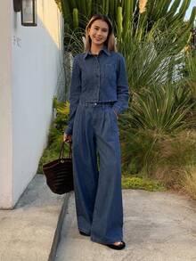 DAZY Women's Striped Collar Short Jacket And Straight Leg Casual Denim Pants Set Y2k