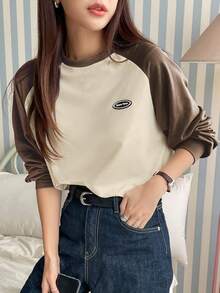 DAZY 字母拼色插肩袖 T 恤，秋季服装长袖女式上衣 - 棕色 - 查看 6