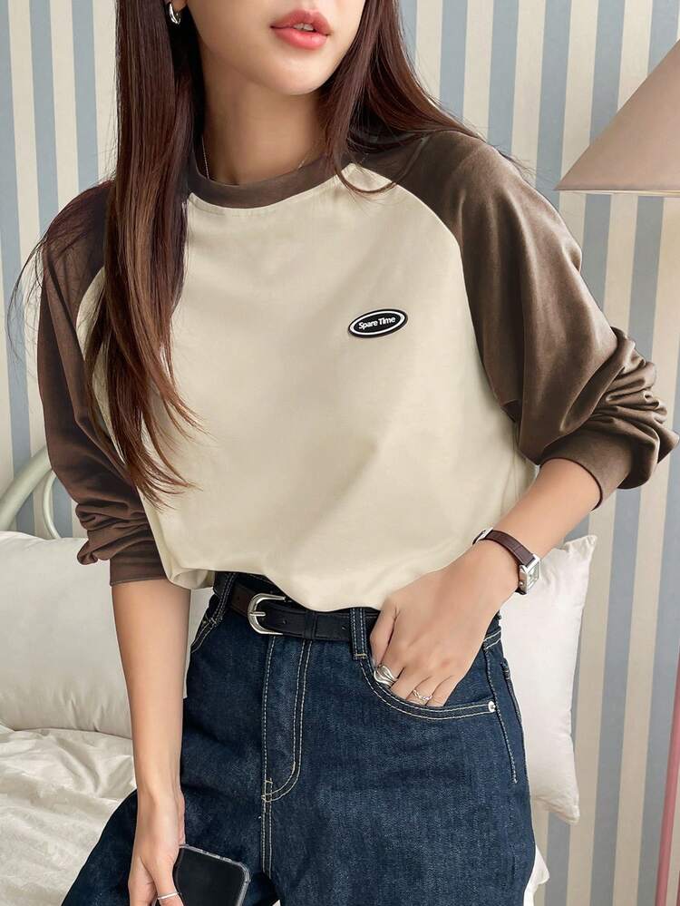 Letter Patched Colorblock Raglan Sleeve Tee,Fall Clothes Long Sleeve Women Tops