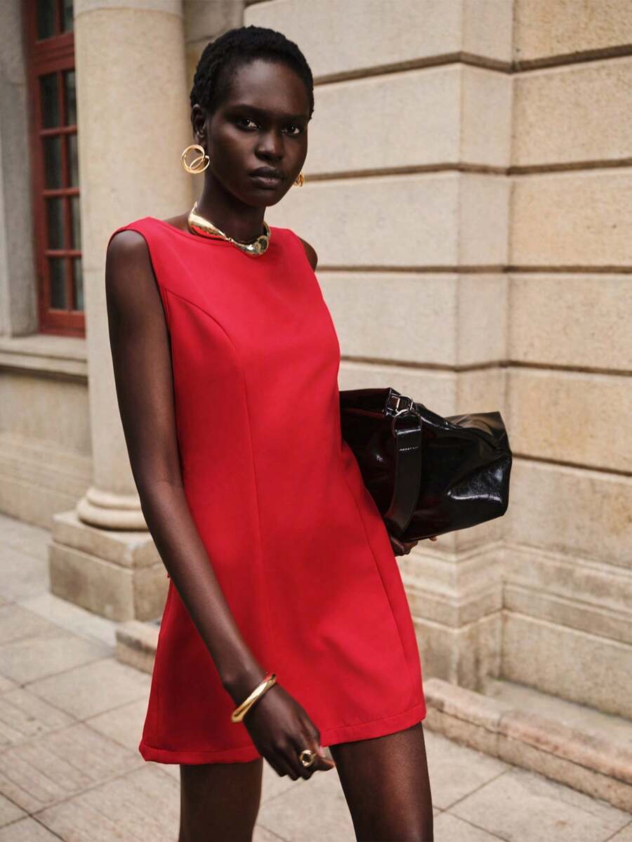 Lumivelle 女士优雅派对/约会无袖修身露背蝴蝶结短裙，夏季 - 紅色 - 查看 1