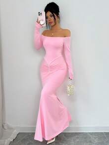 Rafferiza Vestido elegante con hombros descubiertos, vestido rosa, vestido para el Día de San Valentín, vestido con diseño de strass para una cita - Rosa - Ver 5