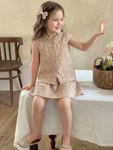 Young Girl Mandarin Collar Jacquard Sleeveless Shirt Top And Mini Skirt Vacation Outfit Set - Brown - View 1