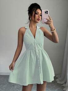 Elenzga Đầm ngắn nữ kẻ sọc cổ yếm cài một hàng cúc, kiểu dáng thời trang, thanh lịch, thích hợp cho hẹn hò và dự tiệc. - màu xanh lá - Xem 1