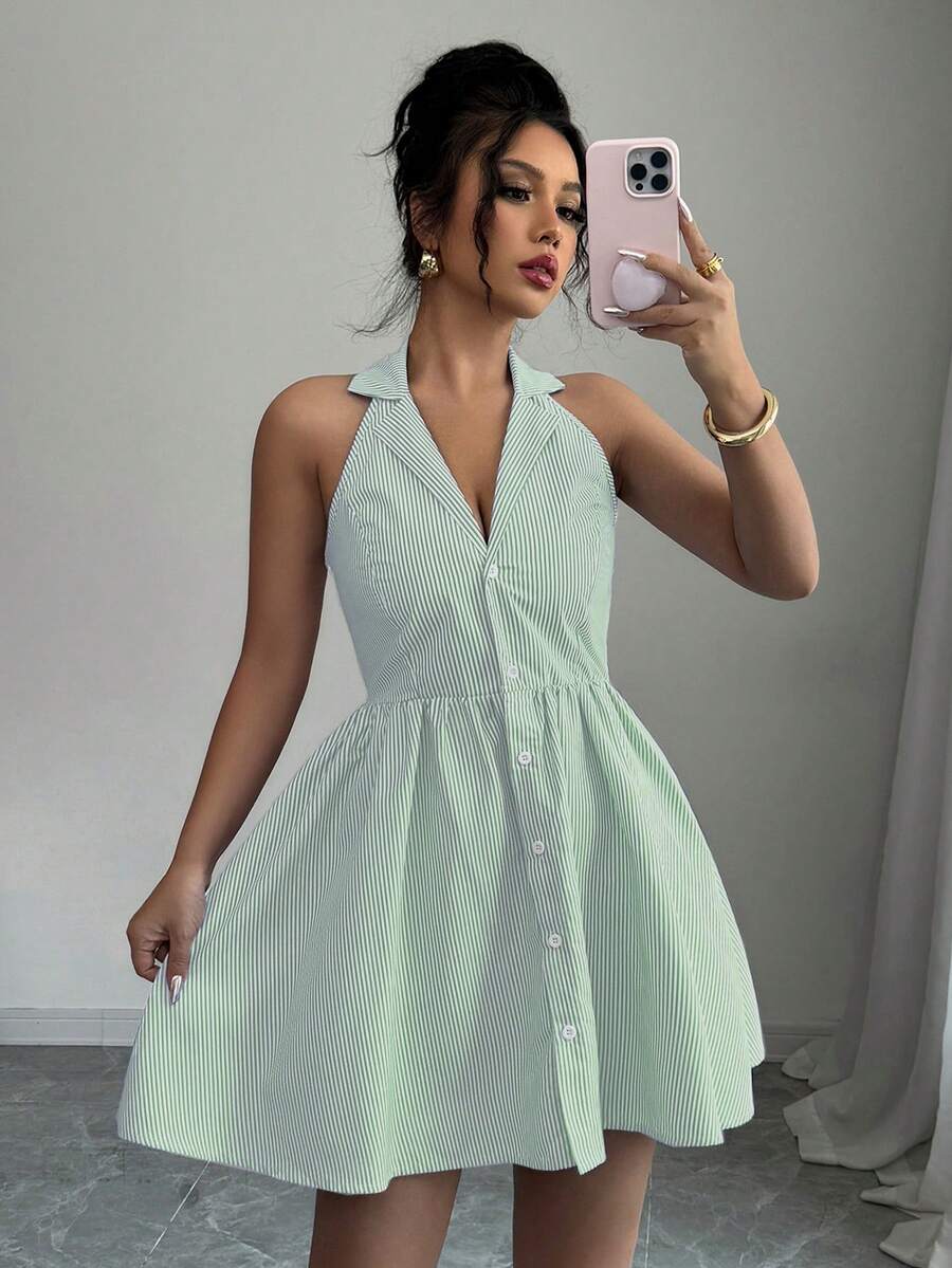 Elenzga Đầm ngắn nữ kẻ sọc cổ yếm cài một hàng cúc, kiểu dáng thời trang, thanh lịch, thích hợp cho hẹn hò và dự tiệc. - màu xanh lá - Xem 1