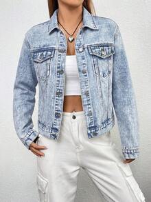 SHEIN ICON 女士休闲日常水洗前扣牛仔夹克 - 淺色水洗藍 - 查看 4