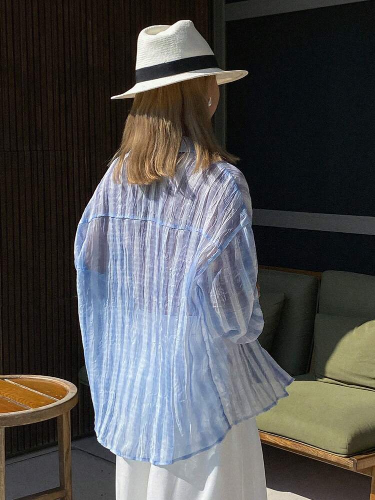 Striped Textured Lightweight Turndown Collar Long Sleeve Long Casual Resort Blouse For Women, Spring/Autumn