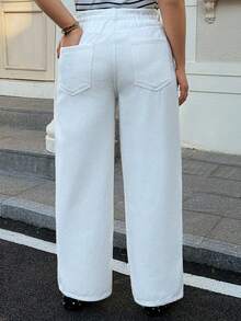 Dazy Plus Dark Wash Blue Waistband Patchwork Drawstring Straight Leg Long Jeans, All Season - White - View 2