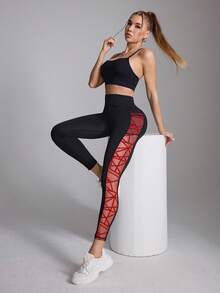Easithlete Women's High Waist Geometric Print Side Pocket Shapewear Leggings - Black - View 7