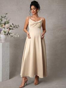 Momance Maternity Fashion Taffeta Pearl Strap Dress - Apricot - View 4
