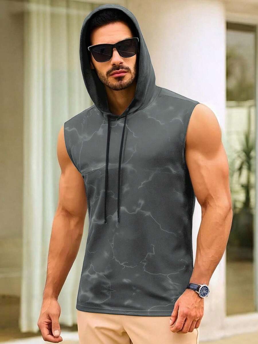 Manfinity Homme 男士抽绳连帽休闲百搭无袖上衣，适合日常穿着 - 灰色 - 查看 1