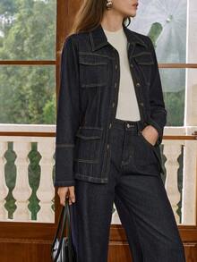 Dazy-Less 女士翻领单排扣长袖夹克，带口袋和纽扣，阔腿牛仔裤休闲套装，适合日常穿着，商务休闲女装 - 藍色 - 查看 8