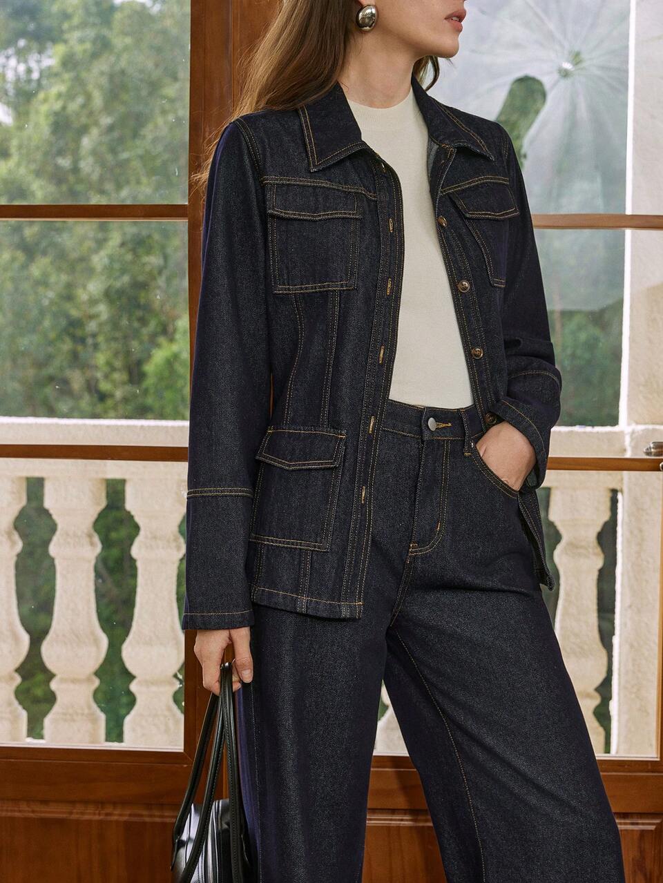 Women's Lapel Single-Breasted Long Sleeve Jacket And Pockets Button Wide Leg Jeans Casual Suit For Daily Wear Business Casual Woman