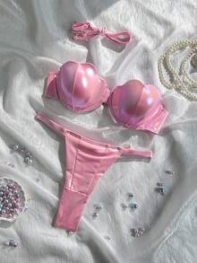 Swim SXY 2022 Spring/Summer Vacation Beach Women 2 Pieces Swimwear Set, Pink Laser Shell Padded Bikini 2026 New Women's Swimwear ArrivalFor School,Suitable For Holiday, Date, Afternoon Tea, Western, Cruise, Beach, Island, Road Trip, All Seasons, Music Festival, Boho Vacation,Bohemian Vacation, Chill Autumn ,Western Boho ,Elegant Tops For Women Sea Bikini Set Summer Sexy Bikini Set Bikini Sets Not Cheeky Shell Bikini Seashell Bikini - Pink - View 3