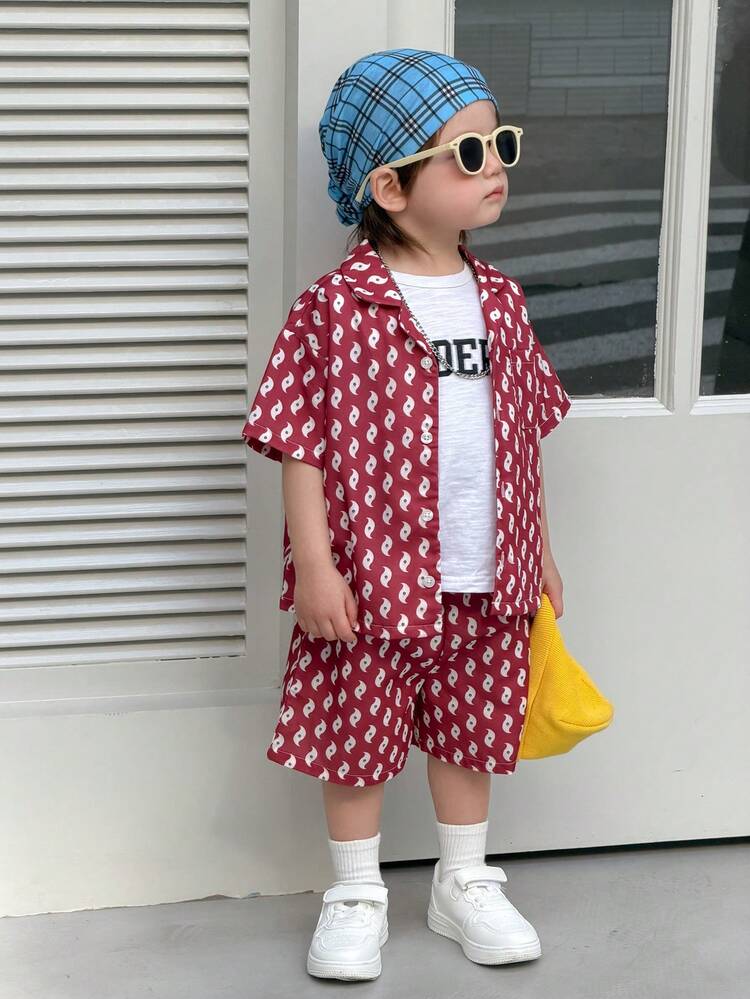 2pcs Baby Boys' Vacation Style Korean Shirt & Shorts Set Summer
