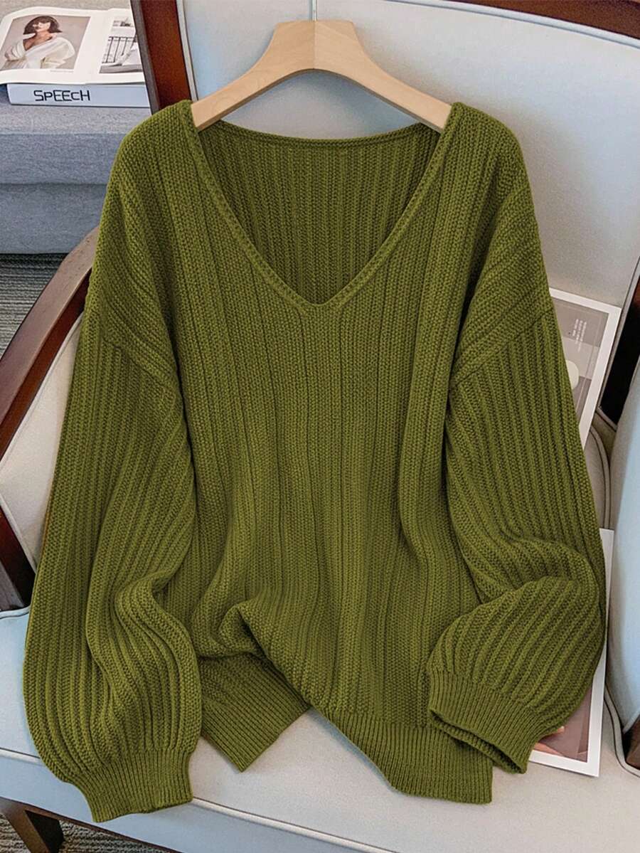 GlowEve CURVE Plus Size Women V-Neck Casual Versatile Long Sleeve Sweater, Suitable For Autumn/Winter Daily Wear - Olive Green - View 1