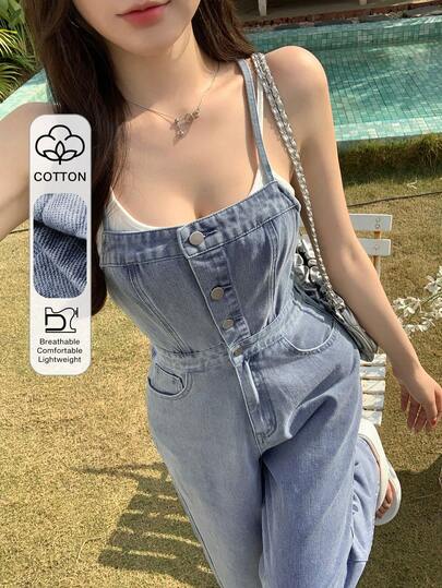 DAZY 女士宽松休闲交叉露背收腰复古水洗蓝色直筒牛仔裤、牛仔背带裤和连体裤，适合春夏穿着