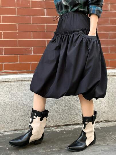 DAZY 春夏宽松休闲时尚抽绳腰带系带印花泡泡裙，带大口袋和拼接设计，轻盈透气，适合户外街头风格女性