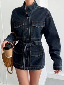 Livesso Women's Cinched Waist High Collar Casual Denim Jacket, Winter - Medium Wash - View 6