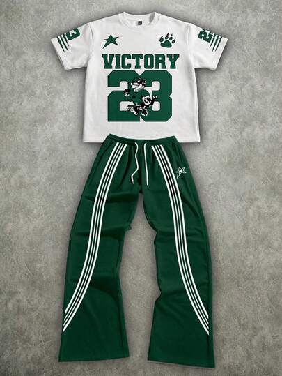 Manfinity ZONE917 Street Style Loose Patchwork Green 23 VICTORY Slogan Cartoon Tiger Face Striped Print Short Sleeve T-Shirt And Pants Set