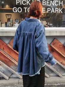 FRIFUL Women's Solid Color Minimalist Everyday Long Sleeve Denim Jacket - Dark Wash - View 3