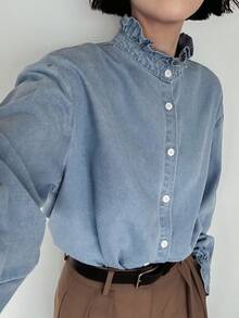 FRIFUL Women's Casual Washed Denim Long Sleeve Shirt