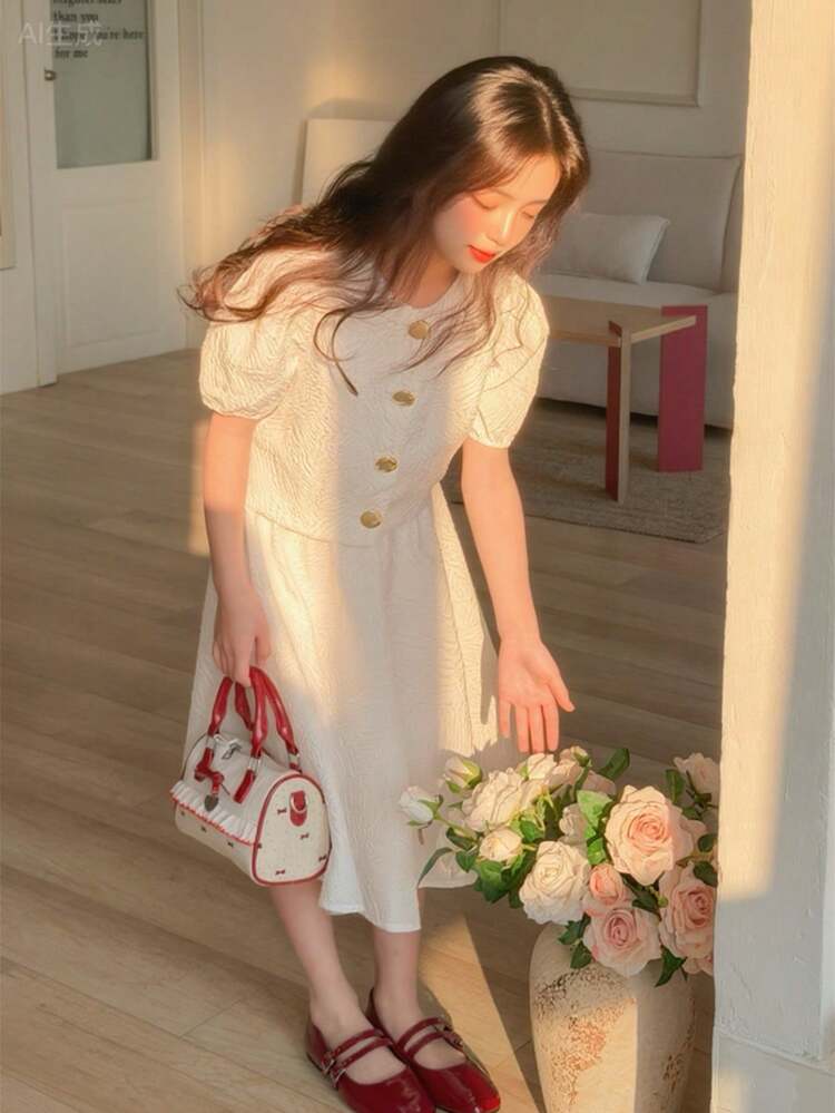 2pcs Tween Girls Textured Fabric Short Sleeve Cardigan And Skirt Set, Fall Outfit Summer