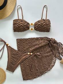 Swim Vcay 3 sztuki/zestaw eleganckich i modnych damskich strojów kąpielowych w jednolitym kolorze z ozdobnym przodem i ramiączkami typu spaghetti, lato, wiosna, walentynki, na co dzień, na imprezę, na plażę - Brązowy - Zobacz 4