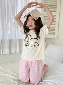 DAZY 2件套少女圆领印花短袖T恤和裤子家居服套装，秋季款 - 彩色 - 查看 5