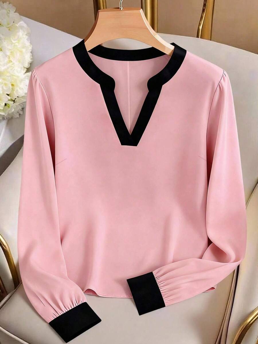 SHEIN LUNE 大码女式撞色V领长袖休闲衬衫 - 粉色 - 查看 1