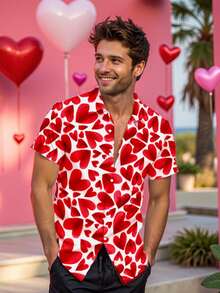 Manfinity Homme Áo sơ mi nam tay ngắn in hình trái tim, cài cúc phía trước, kiểu dáng thường ngày, thời trang. - trắng - Xem 1