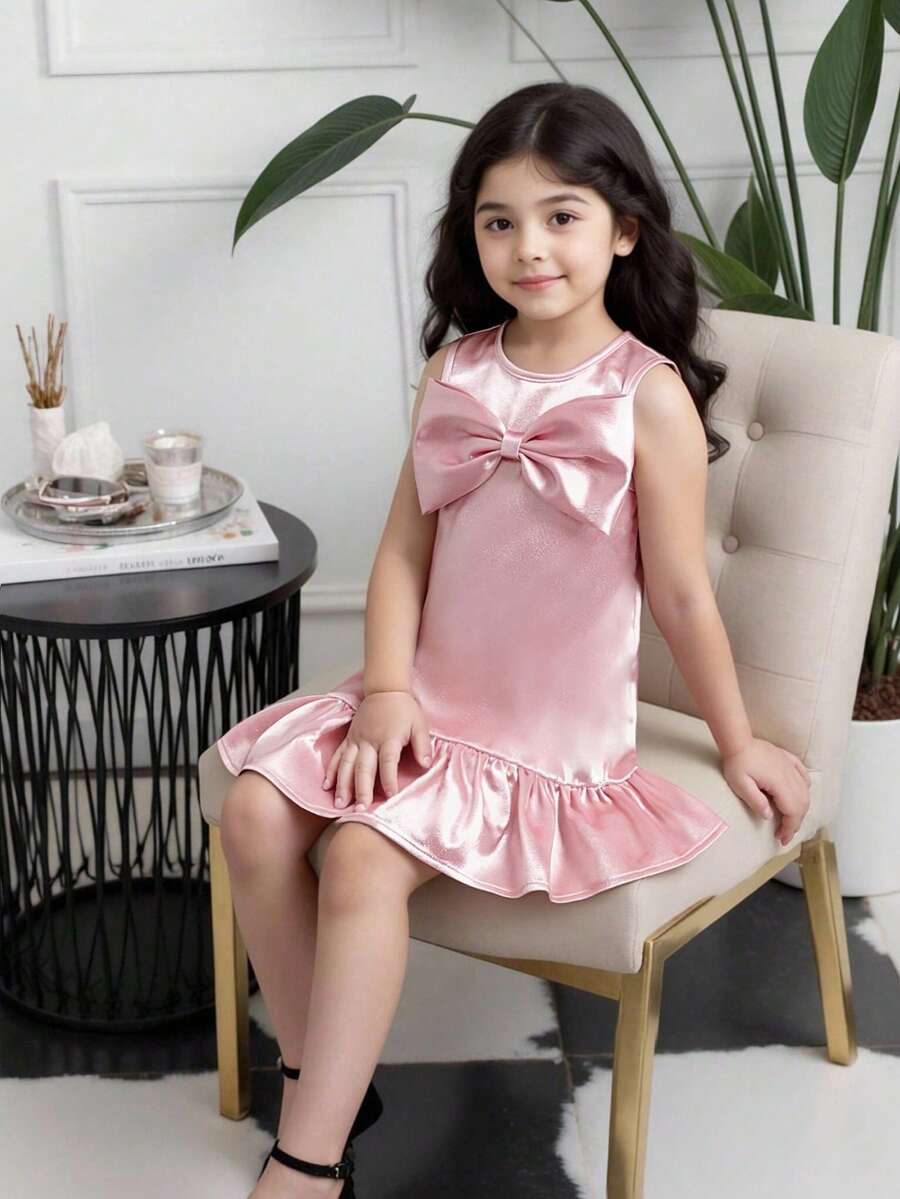 Elladie kids 女童无袖连衣裙,正面蝴蝶结装饰,可爱淑女,简约设计,多层拼接,适合外出、生日派对、日常聚会等场合。 - 粉色 - 查看 1