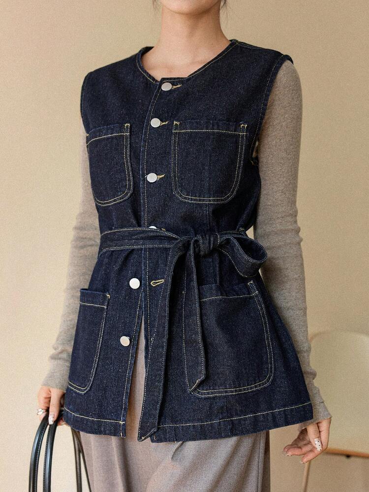 Women's Autumn/Winter Round Neck Single-Breasted Multi-Pocket Casual Sleeveless Denim Jacket