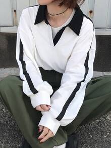 FRIFUL 女士宽松版型 Polo 领长袖撞色缎带拼接 T 恤 - 白色 - 查看 8