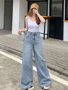 DAZY 女士休闲日常水洗斜插口袋阔腿牛仔裤 - 淺藍色 - 查看 4