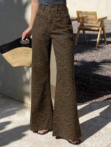 DAZY 女士低腰豹纹休闲哈伦牛仔裤 Y2k - 棕色 - 查看 8