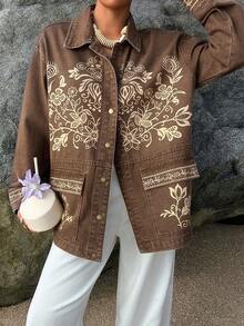 DAZY Women's Lapel Loose Bohemian Floral Pattern Urban Casual Denim Jacket And Coat - Brown - View 7