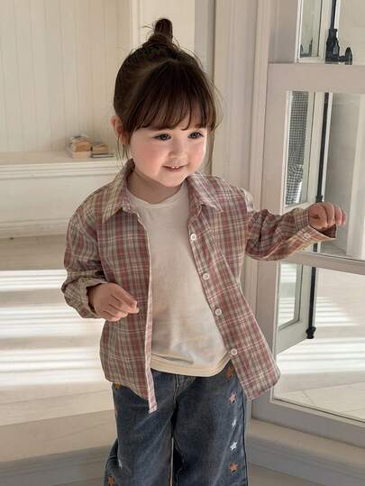 DAZY 女童格子衬衫，长袖休闲卡通领棉质宽松上衣外套
