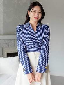 DAZY Women's Elegant Striped Collared Shirt, Autumn - Blue - View 6