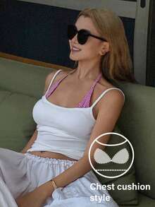 DAZY Plaid Spaghetti Strap 2 In 1 Camisole With Built-In Padded Bra Women's Undershirt - White - View 4