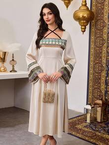 SHEIN Najma 女式方领系带缎面花卉饰边拼接腰部喇叭袖连衣裙 - 香檳色 - 查看 6