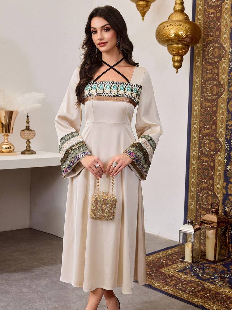 SHEIN Najma Square Neck Tie-Up Satin Floral Trim Patchwork Waist Flared Sleeve Dress For Women - Champagne - View 5