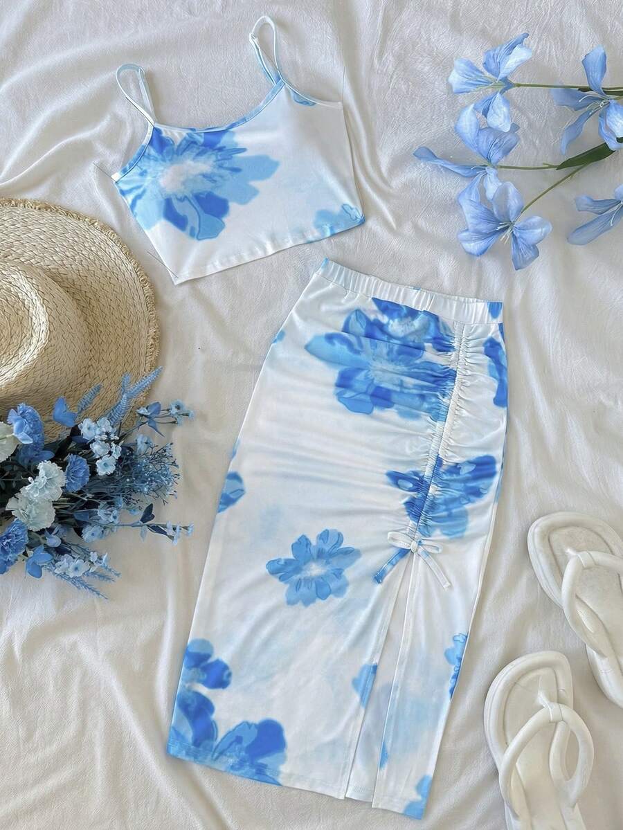 SHEIN Tween Girl Blue Floral Print Camisole Top And Pleated Skirt Set