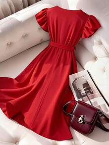Franclia 女士优雅荷叶袖A字连衣裙，适合日常通勤、商务场合、浪漫约会、派对、圣诞节等，红色短袖 - 紅色 - 查看 2