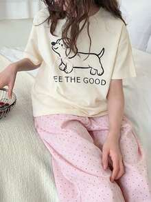 DAZY 2件套少女圆领印花短袖T恤和裤子家居服套装，秋季款 - 彩色 - 查看 7