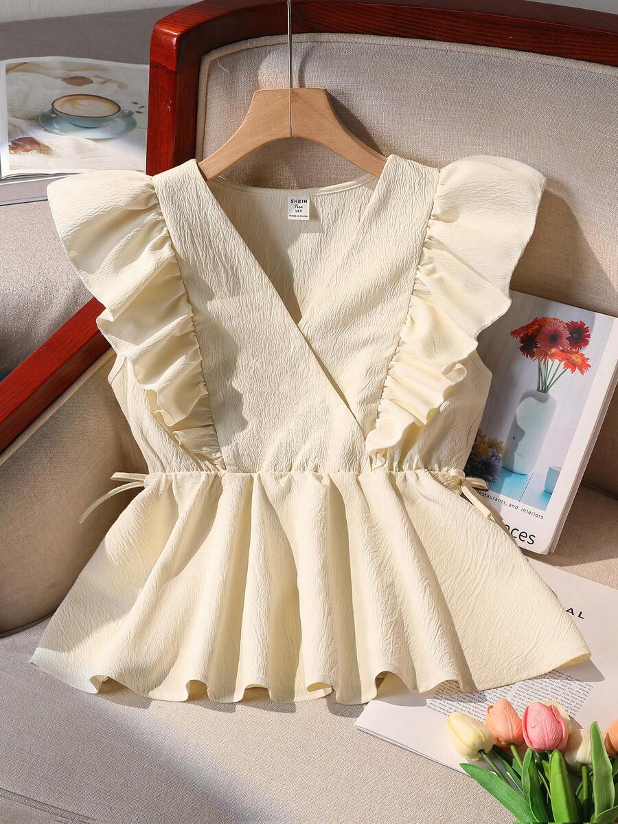 Teen Girl Elegant Yellow V-Neck Woven Blouse With Ruffle Sleeves, Ruffle Hem, Versatile And Practical, Pair With Skirts, Flared Pants, Wide-Leg Pants, Skinny Pants, Or Shorts - Yellow - View 1