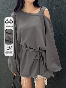 FRIFUL Damska koszulka z długim rękawem, asymetrycznym krojem i luźnym krojem w jednolitym kolorze z paskiem - Szary - Zobacz 6