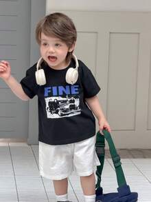DAZY 男嬰圓領對比色英文字母印花短袖上衣 夏季幼兒 - 黑色 - 查看 2