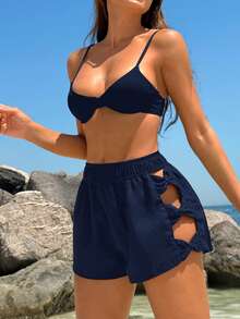 Swim Vcay Shorts de Praia Femininos de Cor Sólida com Cintura Elástica e Laço Decorativo com Recorte - Azul Marinho - Visão 5